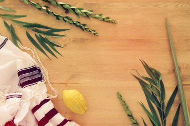 Sukkot Yahudi bayramı. Geleneksel Semboller (dört tür): Etrog, lulav, hadas, arava