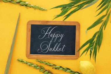 Sukkot Yahudi bayramı. Geleneksel Semboller (dört tür): Etrog, lulav, hadas, arava