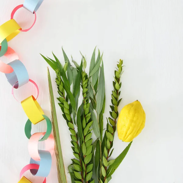 Jüdisches Sukkot Fest Traditionelle Symbole Die Vier Arten Etrog Lulav — Stockfoto