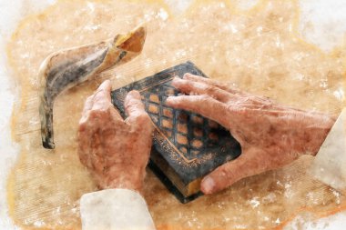 watercolor style and abstract image of Old Jewish man hands holding a Prayer book. Jewish traditional symbols clipart