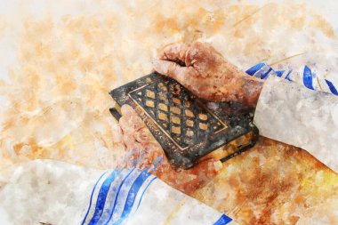 suluboya stili ve soyut bir dua kitabı holding eski Yahudi adam eller görüntüsünü. Yahudi geleneksel Semboller