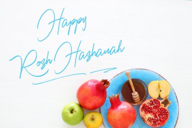 Rosh hashanah (Yahudi Yeni Yıl Tatili) konsepti. Geleneksel semboller