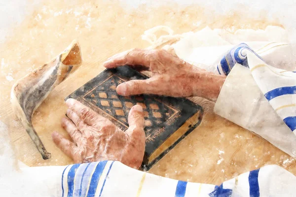 水彩風 古いユダヤ人の男の両手祈り本の抽象的なイメージ ユダヤ人の伝統的なシンボル — ストック写真