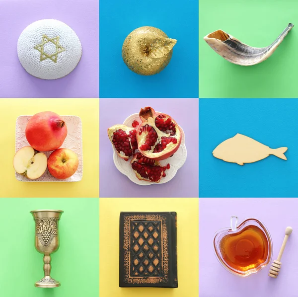 Rosh Hashanah Jüdischer Neujahrsfeiertag Collage Konzept Traditionelle Symbole — Stockfoto