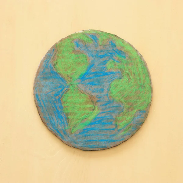 Top View Image Cardboard Earth Globe Yellow Wooden Background — Stock Photo, Image
