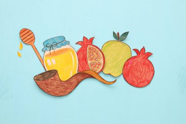 Rosh hashanah (Yahudi yeni yıl tatili) kavramı. Geleneksel semboller şekilleri kağıttan kesilmiş ve boyalı