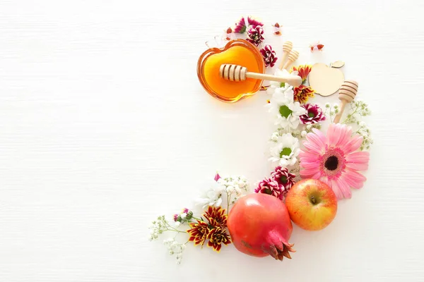 Rosh Hashanah Feriado Ano Novo Judaico Conceito Símbolos Tradicionais — Fotografia de Stock