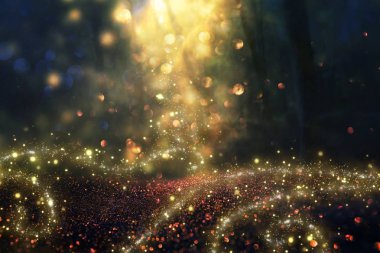 Ağaçlar arasında ışık patlaması ve parlak altın bokeh ışıklarının bulanık fotoğrafı.