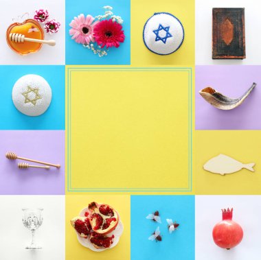 Rosh hashanah (Yahudi yeni yıl tatili) kavramı kolaj. Geleneksel Semboller