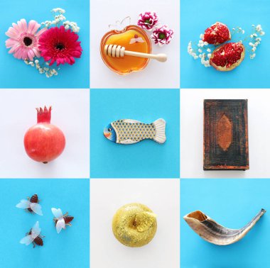 Rosh hashanah (Yahudi yeni yıl tatili) kavramı kolaj. Geleneksel Semboller