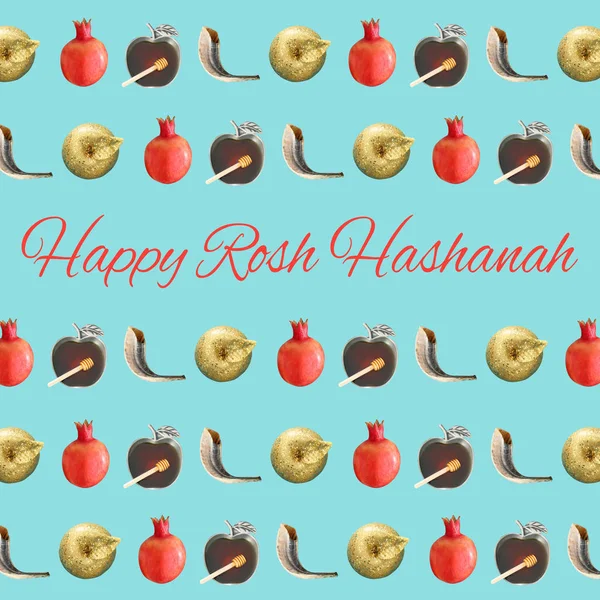 Rosh Hashanah Jewish New Year Holiday Pattern Concept Traditional Symbols — Stock Photo, Image