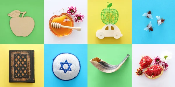 Rosh Hashanah Yahudi Yeni Yıl Tatili Kavramı Kolaj Geleneksel Semboller — Stok fotoğraf