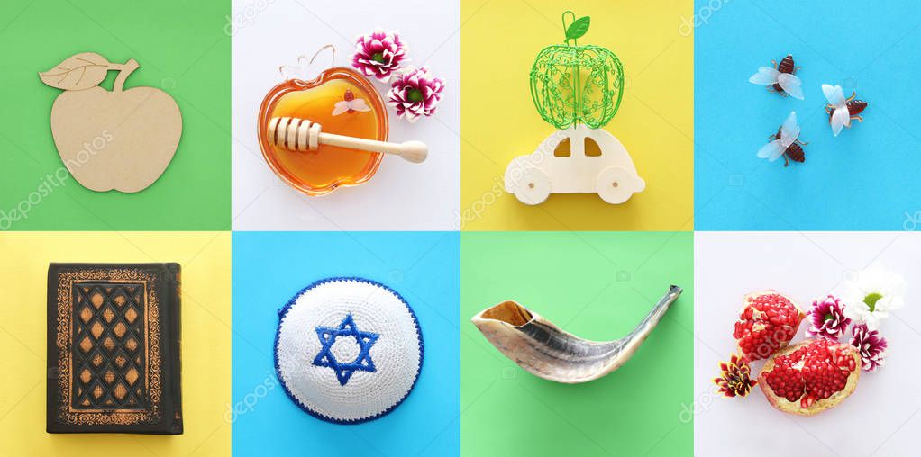 Rosh hashanah (jewish New Year holiday) collage concept. Traditional symbols