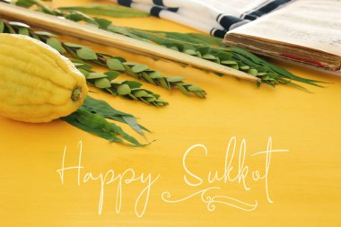 Sukkot Yahudi bayramı. Geleneksel Semboller (dört tür): Etrog, lulav, hadas, arava