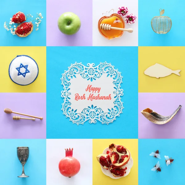 Rosh Hashanah Feriado Ano Novo Judaico Conceito Colagem Símbolos Tradicionais — Fotografia de Stock