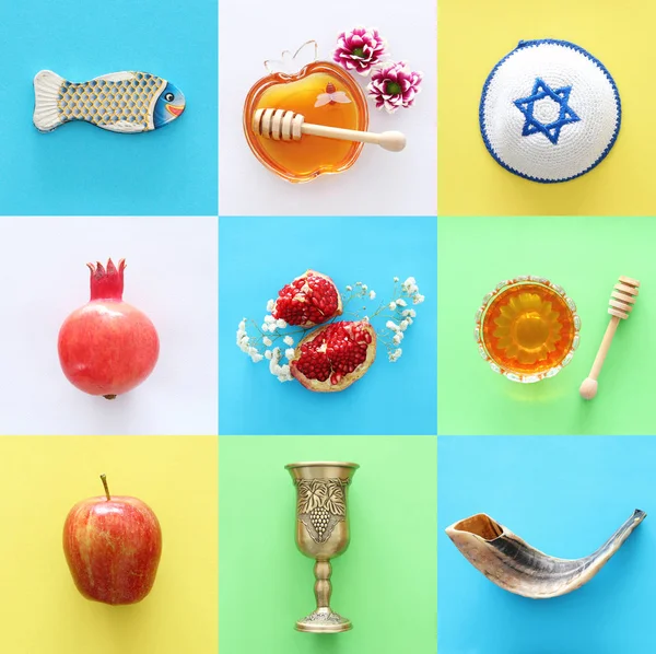 Concepto Collage Rosh Hashanah Fiesta Judía Año Nuevo Símbolos Tradicionales — Foto de Stock