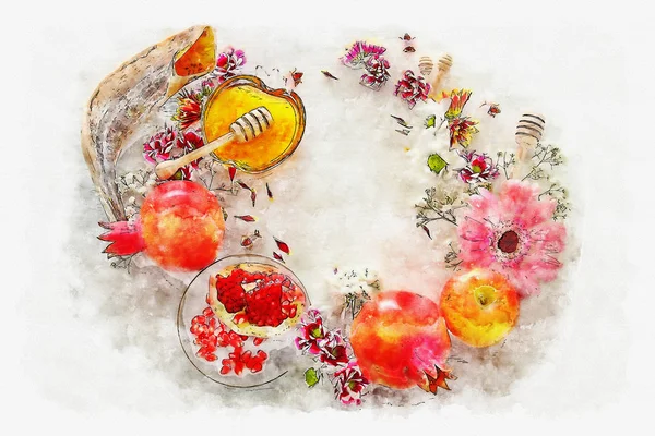 Watercolor Style Abstract Image Rosh Hashanah Jewish New Year Holiday — Stock Photo, Image
