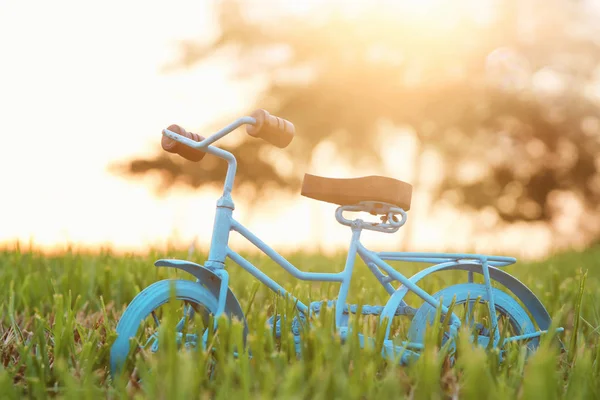 Niebieski Rower Vintage Zabawka Czeka Zewnątrz Zachód Światło — Zdjęcie stockowe