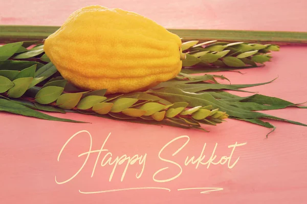 Judisk Festival Sukkot Traditionella Symboler Fyra Arterna Etrog Lulav Hadas — Stockfoto