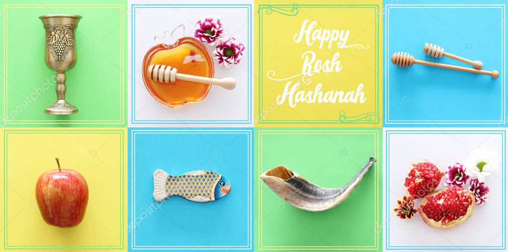 Rosh hashanah (jewish New Year holiday) collage concept. Traditional symbols