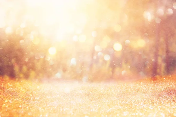 Suddig Abstrakt Foto Ljus Brast Bland Träd Och Glitter Gyllene — Stockfoto