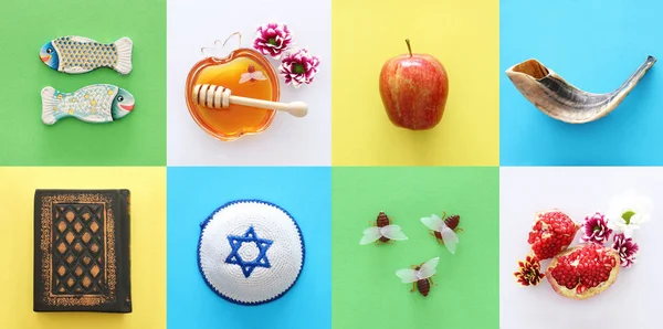 Concepto Collage Rosh Hashanah Fiesta Judía Año Nuevo Símbolos Tradicionales — Foto de Stock