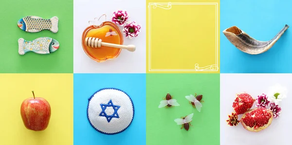 Concepto Collage Rosh Hashanah Fiesta Judía Año Nuevo Símbolos Tradicionales — Foto de Stock