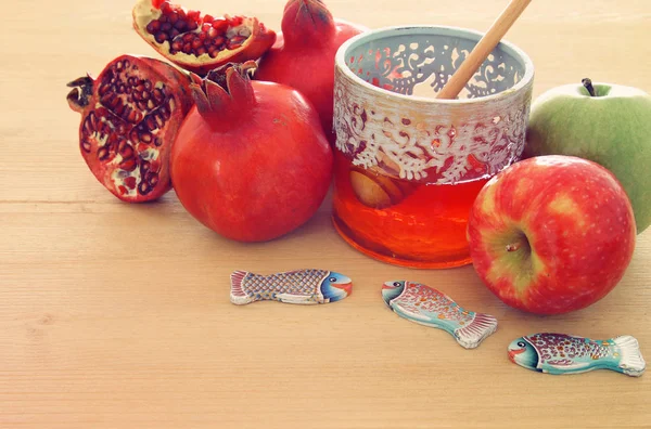 Rosh Hashanah Jewish New Year Holiday Concept Traditional Symbols — Stock Photo, Image