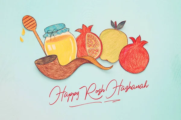 Rosh Hashanah Jewish New Year Holiday Concept Traditional Symbols Shapes — Stock Photo, Image