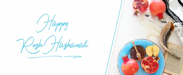 Rosh Hashanah Judisk Nyårshelg Koncept Traditionella Symboler — Stockfoto