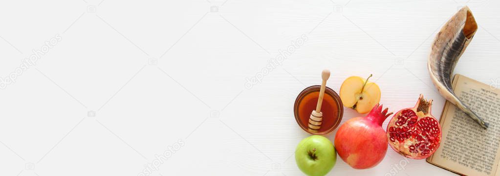 Rosh hashanah (jewish New Year holiday) concept. Traditional symbols.