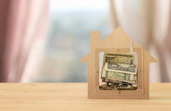 Konsep Hipotek Model Rumah Kayu Dengan Tabungan Keuangan Pembelian Dan — Stok Foto