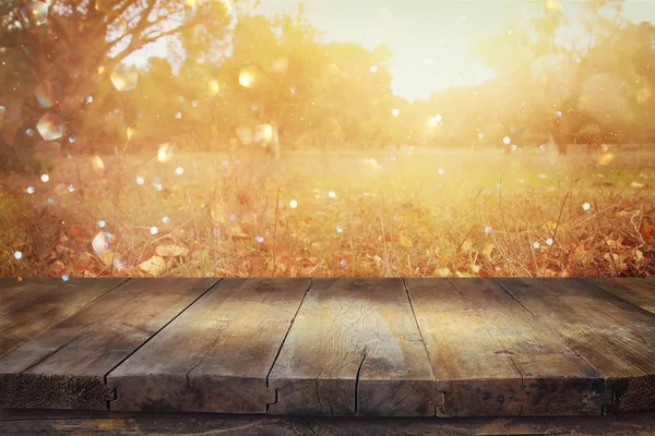 Image Front Rustic Wood Boards Background Fall Leaves Forest — Stock Photo, Image