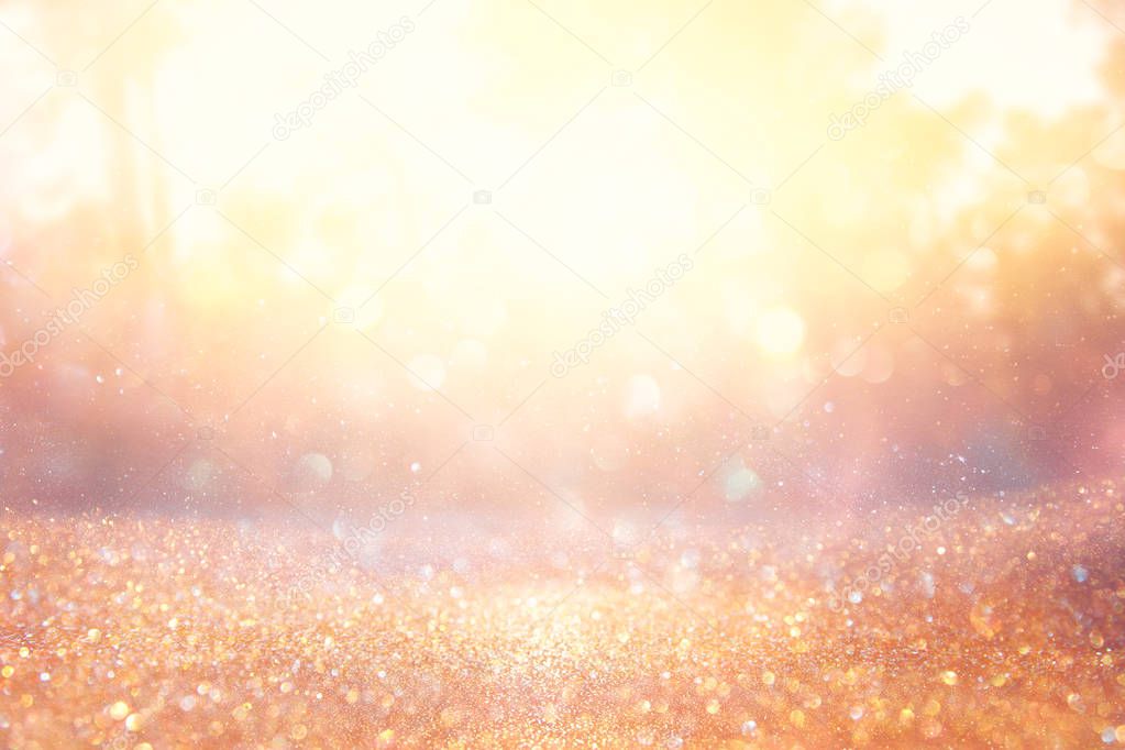 blurred abstract photo of light burst among trees and glitter golden bokeh lights