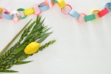Sukkot Yahudi bayramı. Geleneksel Semboller (dört tür): Etrog, lulav, hadas, arava