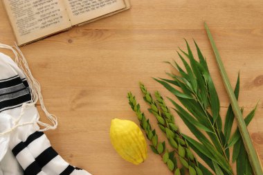 Sukkot Yahudi bayramı. Geleneksel Semboller (dört tür): Etrog, lulav, hadas, arava