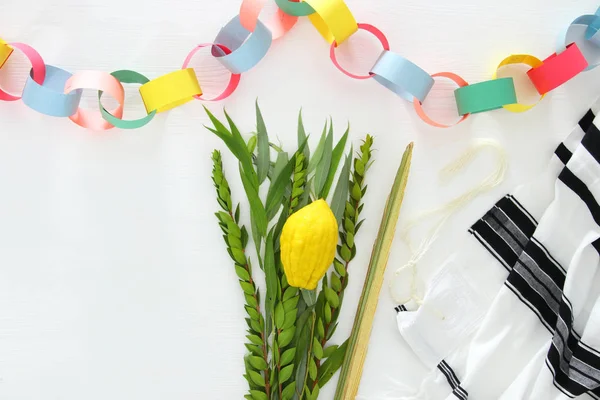 Festa Judaica Sukkot Símbolos Tradicionais Quatro Espécies Etrog Lulav Hadas — Fotografia de Stock