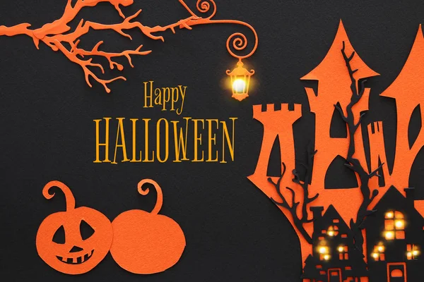 Conceito Férias Halloween Casa Bruxas Assombrada Sobre Fundo Preto Vista — Fotografia de Stock