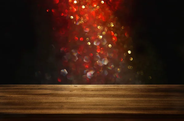 Image Old Wooden Table Front Glitter Lights Background Focused Ready — Stock Photo, Image