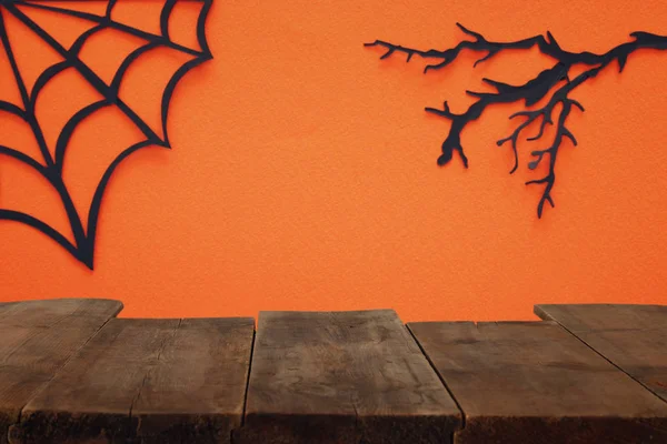 Halloween Holiday Concept Empty Rustic Table Front Spider Webs Orange Stock Picture