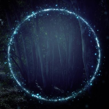 Firefly 'ın gece ormanında uçuşunun soyut ve büyülü görüntüsü. Peri masalı kavramı