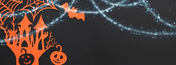 Halloween holiday concept. haunted witch house over black background. Top view, flat lay. Banner. — Stock Photo, Image