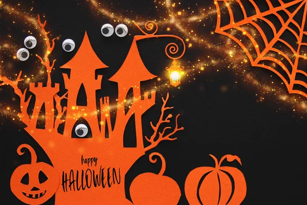 Concepto Halloween Casa Embrujada Brujas Sobre Fondo Negro Vista Superior —  Fotos de Stock