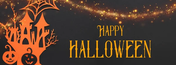 Halloween Urlaubskonzept Hexenhaus Vor Schwarzem Hintergrund Draufsicht Flache Lage Banner — Stockfoto