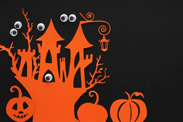 Concepto Halloween Casa Embrujada Brujas Sobre Fondo Negro Vista Superior — Foto de Stock