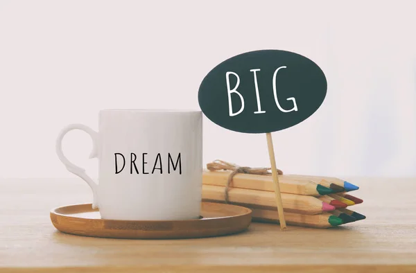 Sign Text Dream Big Next Cup Coffee Wooden Table — Stock Photo, Image