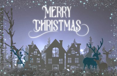 Evler, ağaçlar, geyik ve kar beyaz ışıkları arka plan önünde, büyülü Noel kağıt kesme kış arka plan manzara
