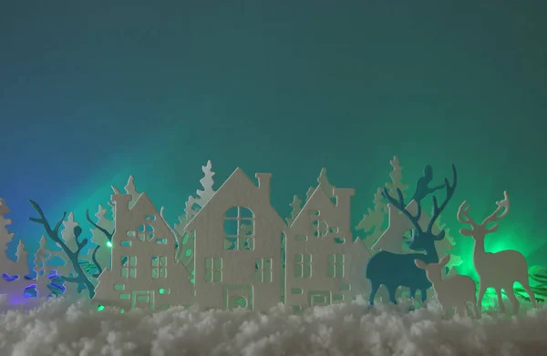 Kouzelné Vánoční Papír Řez Zimní Pozadí Krajina Domy Stromy Jelen — Stock fotografie