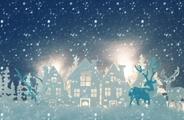 Magico Natale Carta Tagliata Paesaggio Sfondo Invernale Con Case Alberi — Foto Stock