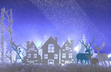 Evler, ağaçlar, geyik ve kar beyaz ışıkları arka plan önünde, büyülü Noel kağıt kesme kış arka plan manzara